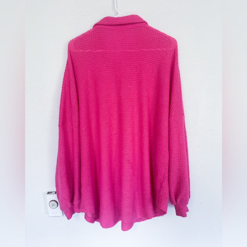 Pink Waffle Knit Button Up Top Textured Long Sleeve Oversized XL 🧺 - Picture 3 of 4